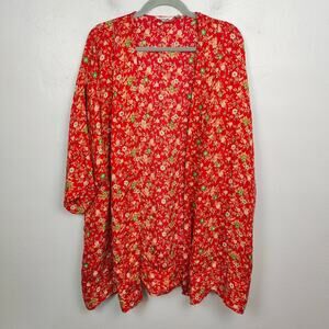 Vintage Athene Silk Robe Womens Small‎ Red Micro Floral Boho Open Fit Festival
